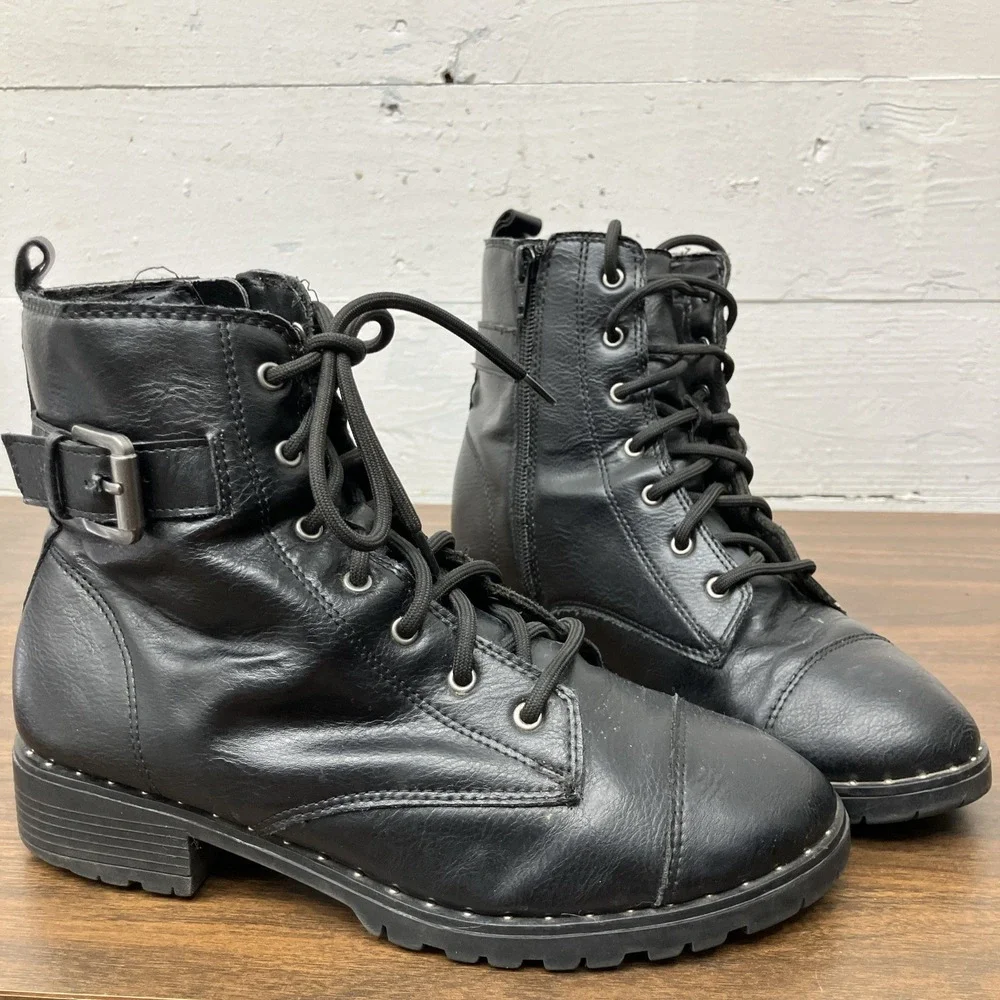 Wonder Nation Girls Black Ankle Combat Moto Boots Size 5 Lace Up w/ Zipper